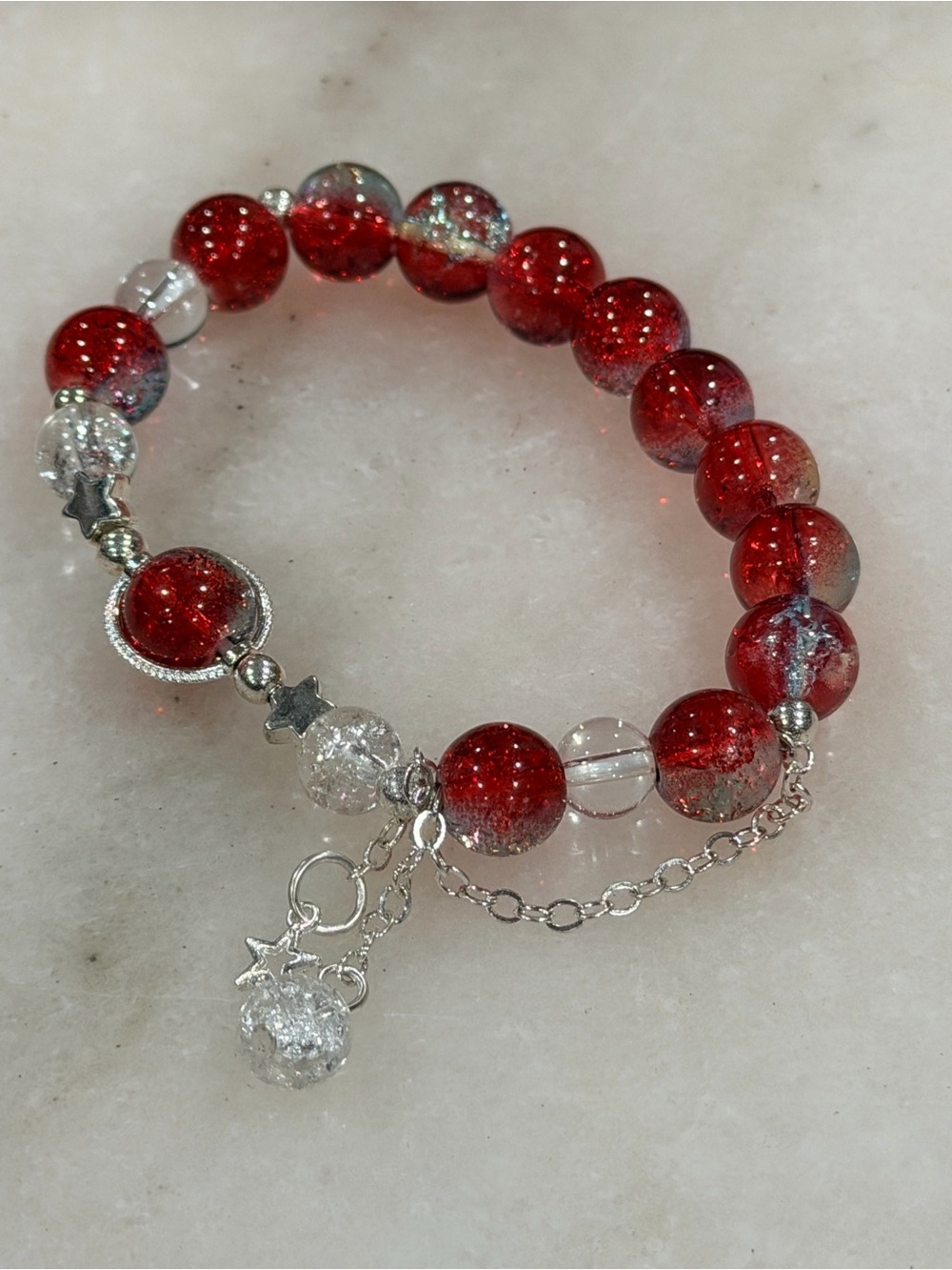 Red Glass Bead Stretch Bracelet with Silver Accents